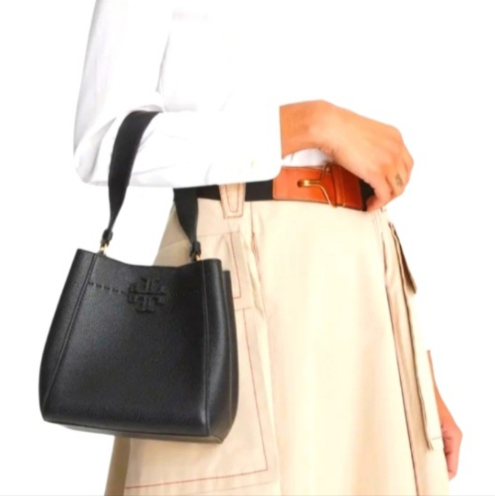 TORY BURCH McGraw Leather Bucket Bag Crossbody Adjustable Removable Strap